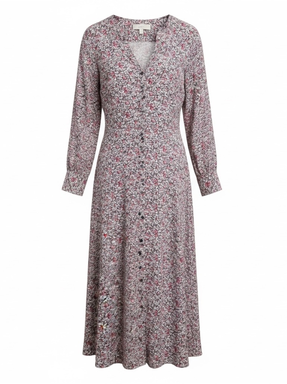 LOFT Pink, White and Black Floral Button-Front Midi Dress